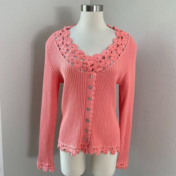 NEW Soft Surroundings Womens Large Coral Crochet Trim Cardigan Sweater Ribbed - Picture 1 of 12